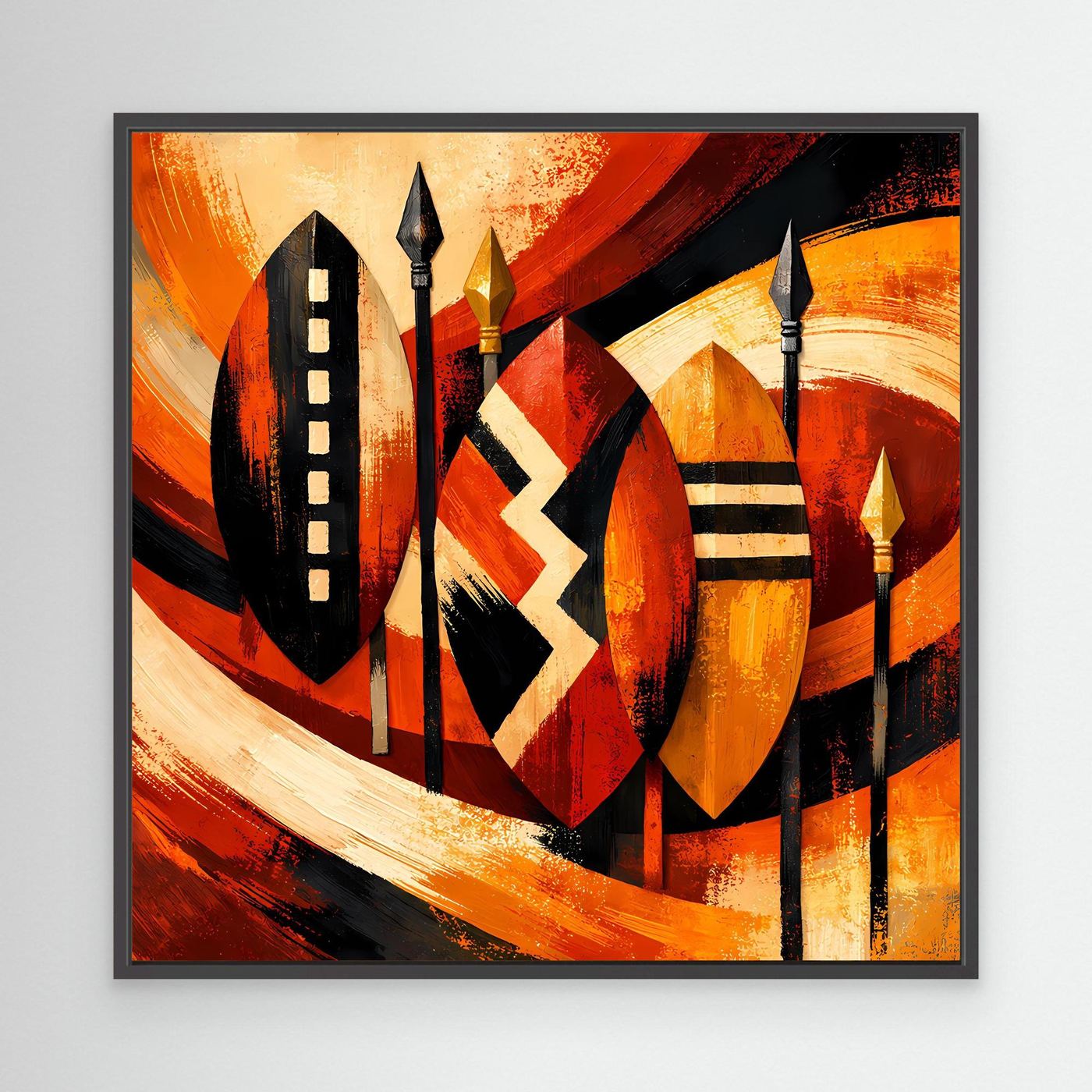 Leinwandbild afrikanische Schilde mit schwarzem Rahmen, warme Rot- und Orangetöne, schwarz