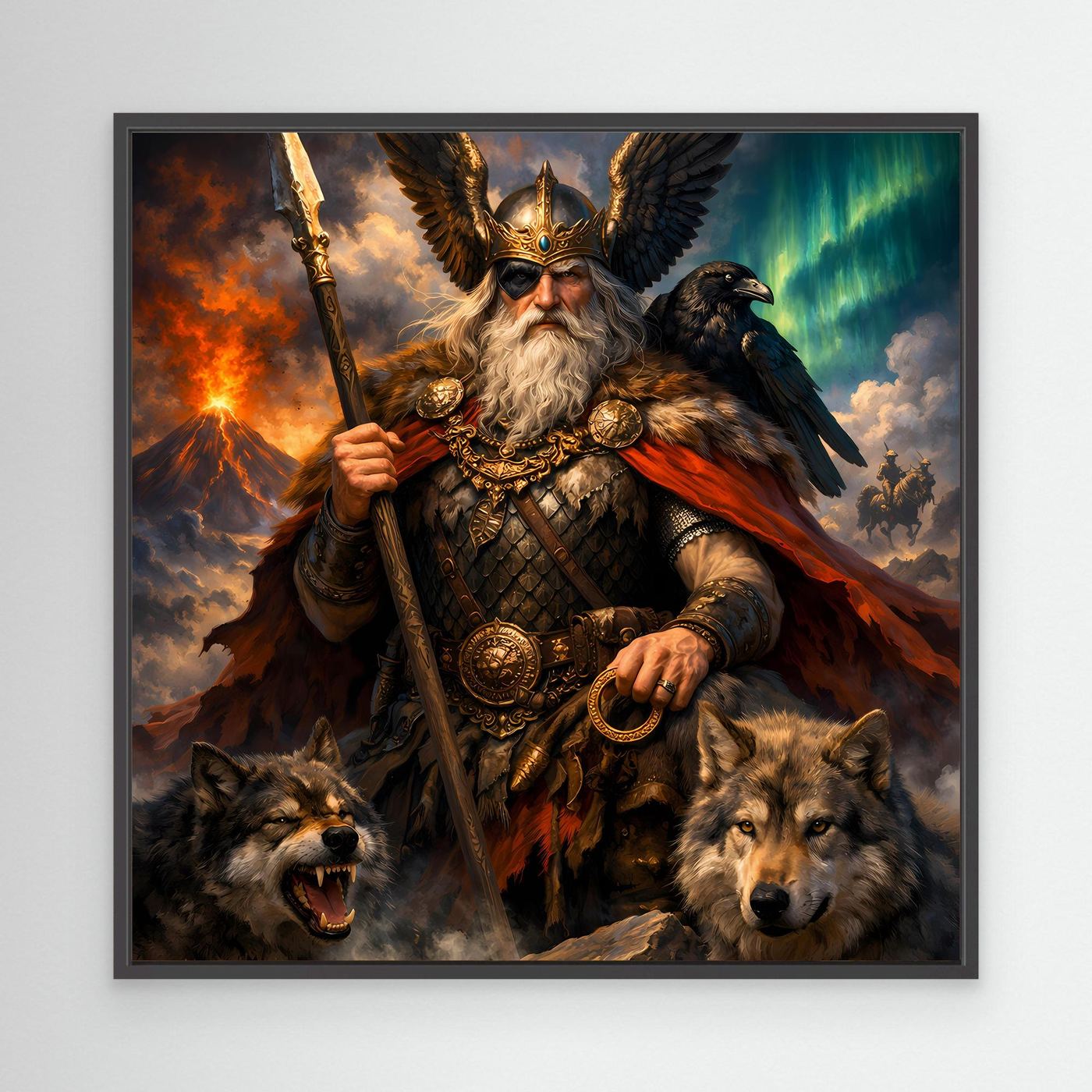 Leinwand Göttervater Odin mit Wölfen und Rabe | Mythologisches Wikinger Wandbild