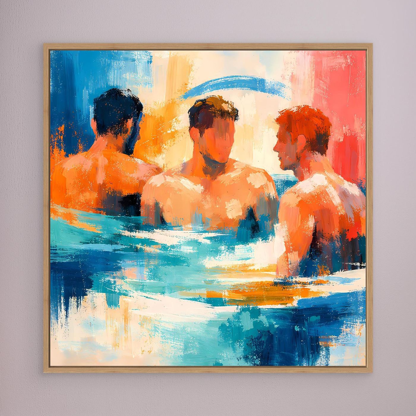 Abstract canvas wall art with three swimming figures in blue, orange, and red; light wood frame