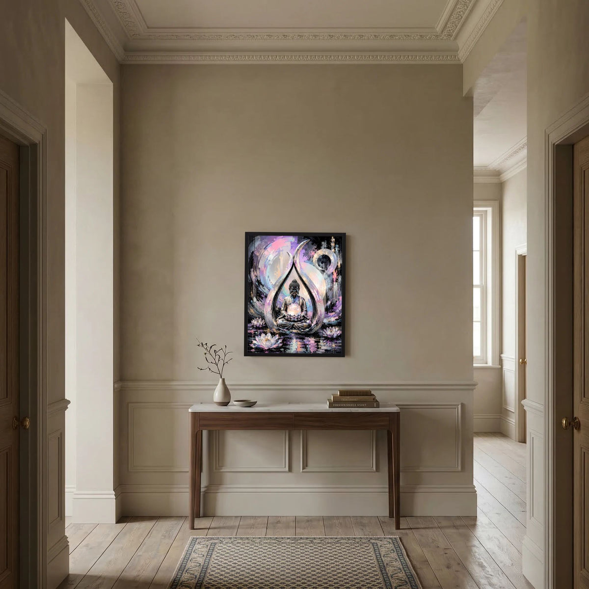 Kunstposter im schwarzen Rahmen im Flur: Buddha im Lotussitz mit pastelligen Lotusblüten