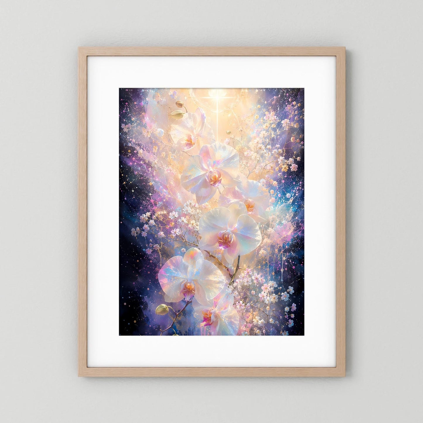 Hochformat-Poster mit weißen Orchideen und gold schimmerndem Licht, heller Holzrahmen.
