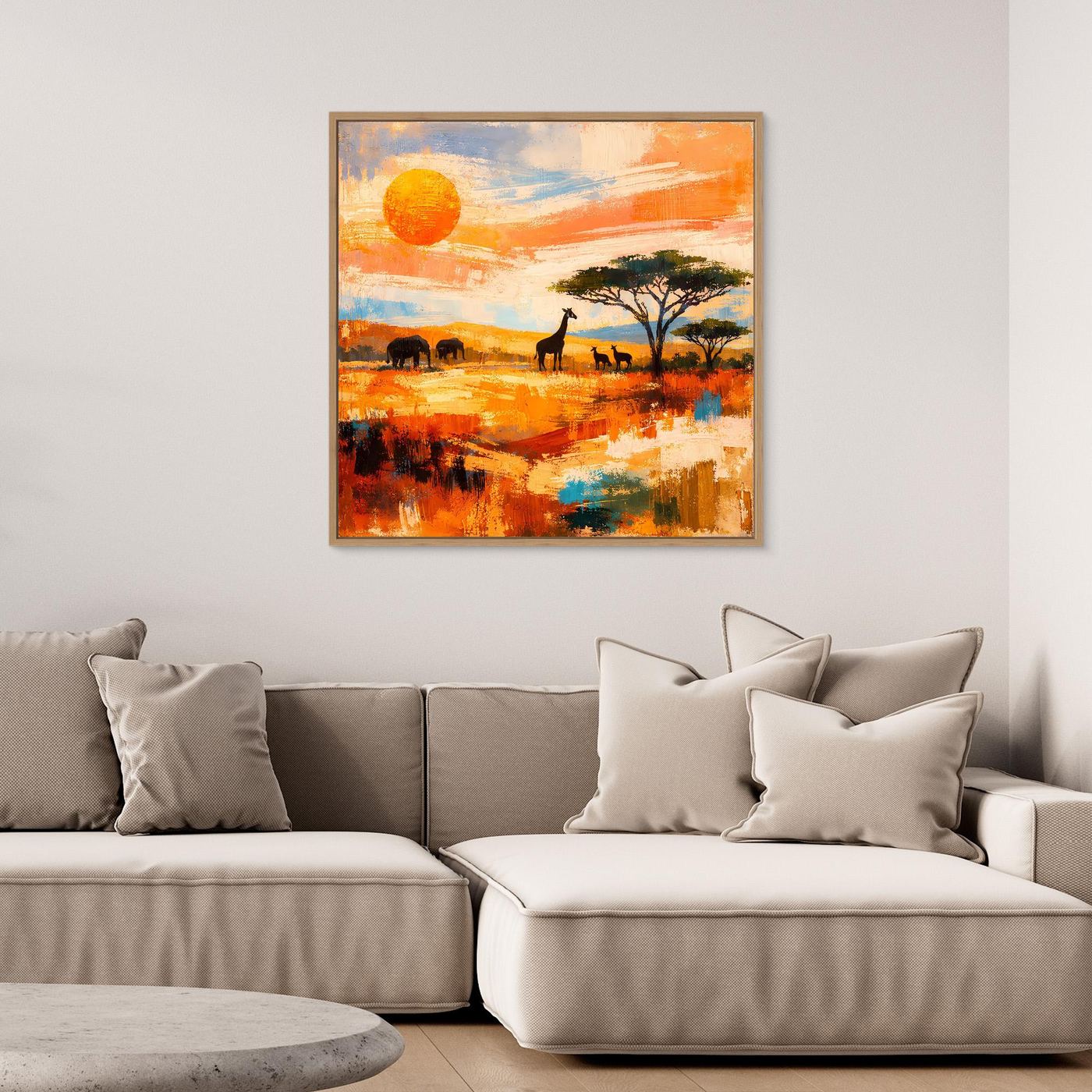 Gerahmtes Leinwand-Wandbild mit Savannenmotiv: Tiere in Silhouetten, orange und türkis.