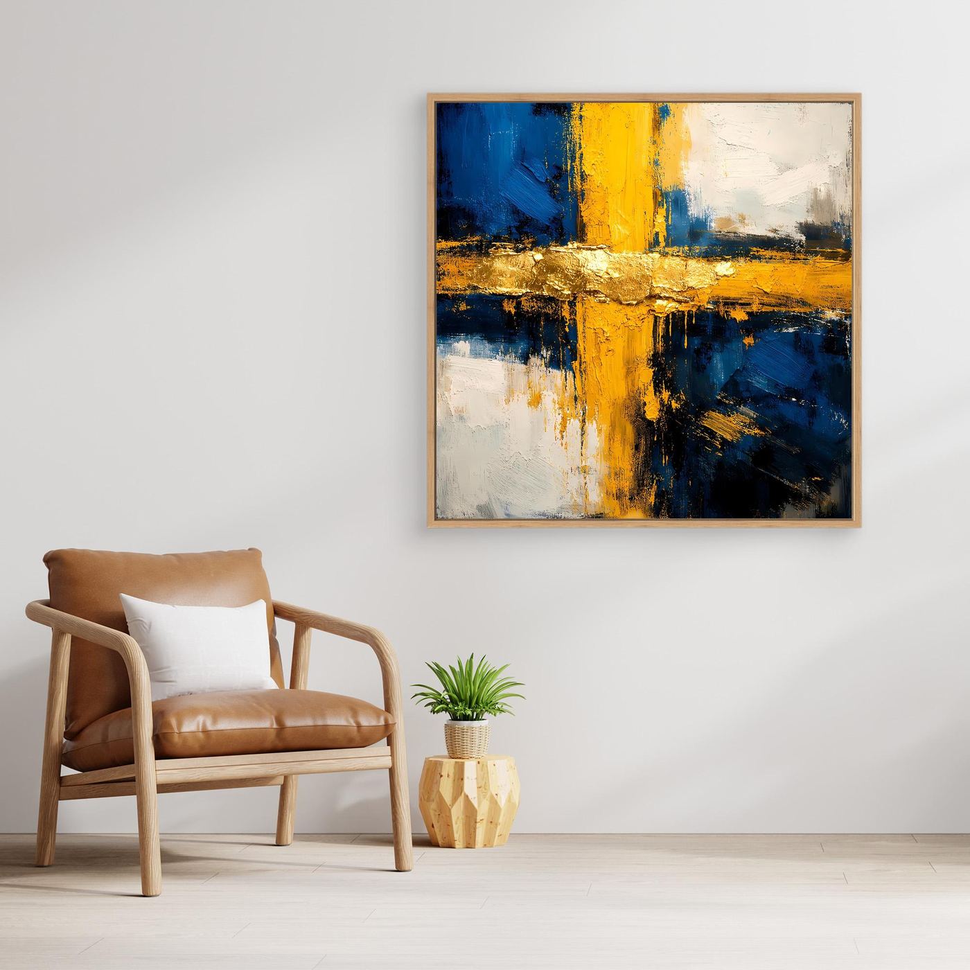Abstraktes Leinwandbild mit Kreuz-Optik in Blau, Gelb und Gold, Eichenrahmen