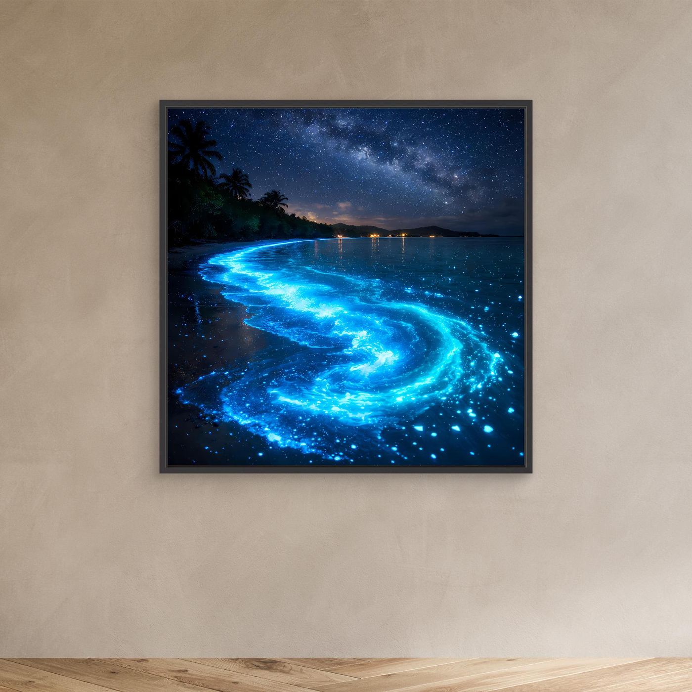Leinwandbild Leuchtende Bucht mit blauem Biolumineszenz-Strand und schwarzem Rahmen
