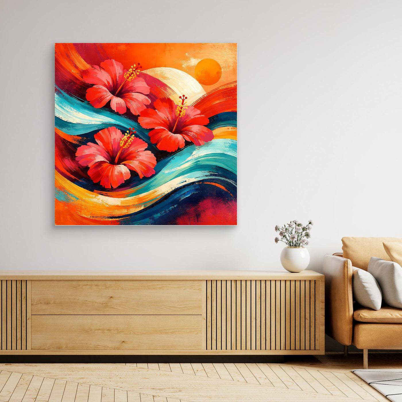 Leinwandbild mit roten Hibiskusblüten und bunten Wellen, ohne Rahmen