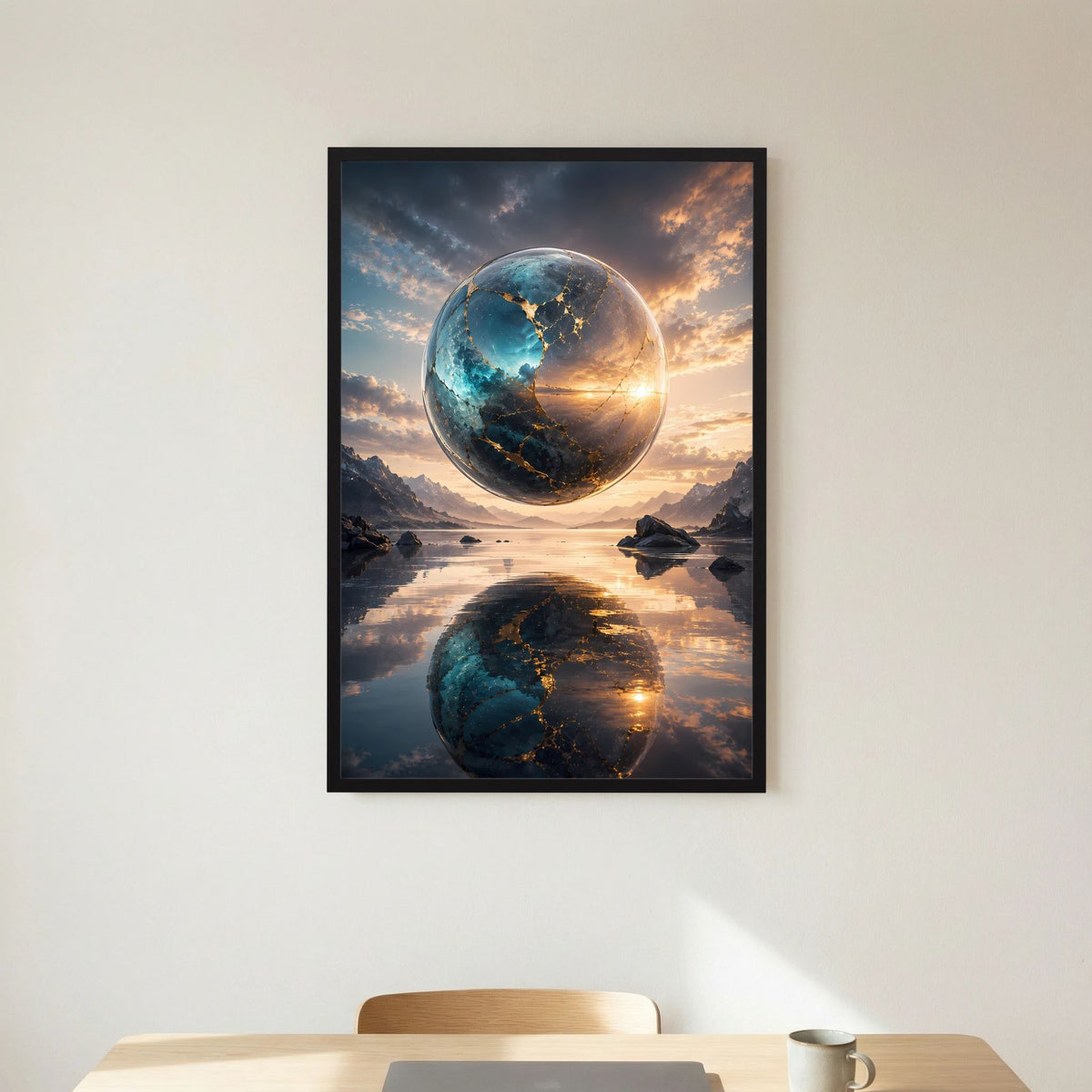 Hochformat-Poster mit schwebender Erdkugel in Blau und Gold und Spiegelung im Wasser, schwarzer Rahmen