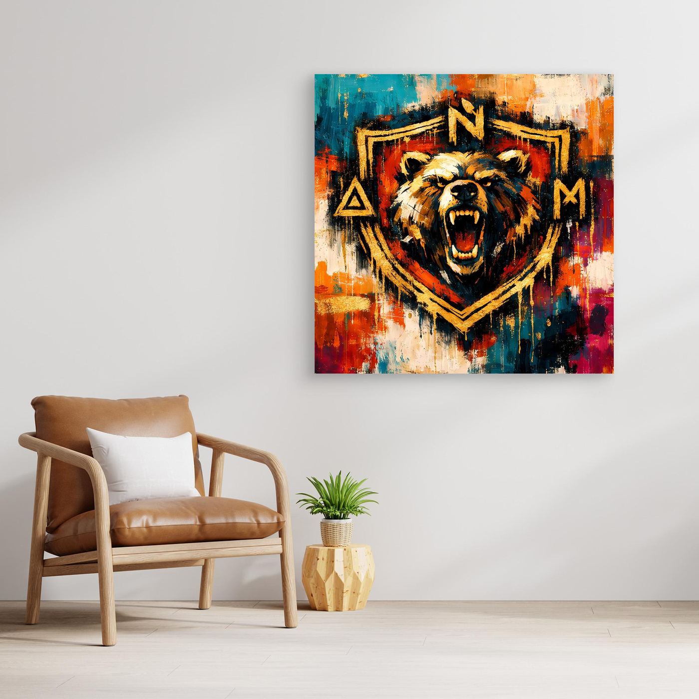 Leinwand-Wandbild mit abstraktem Bärenwappen in Goldoptik, farbiges Urban-Art Motiv