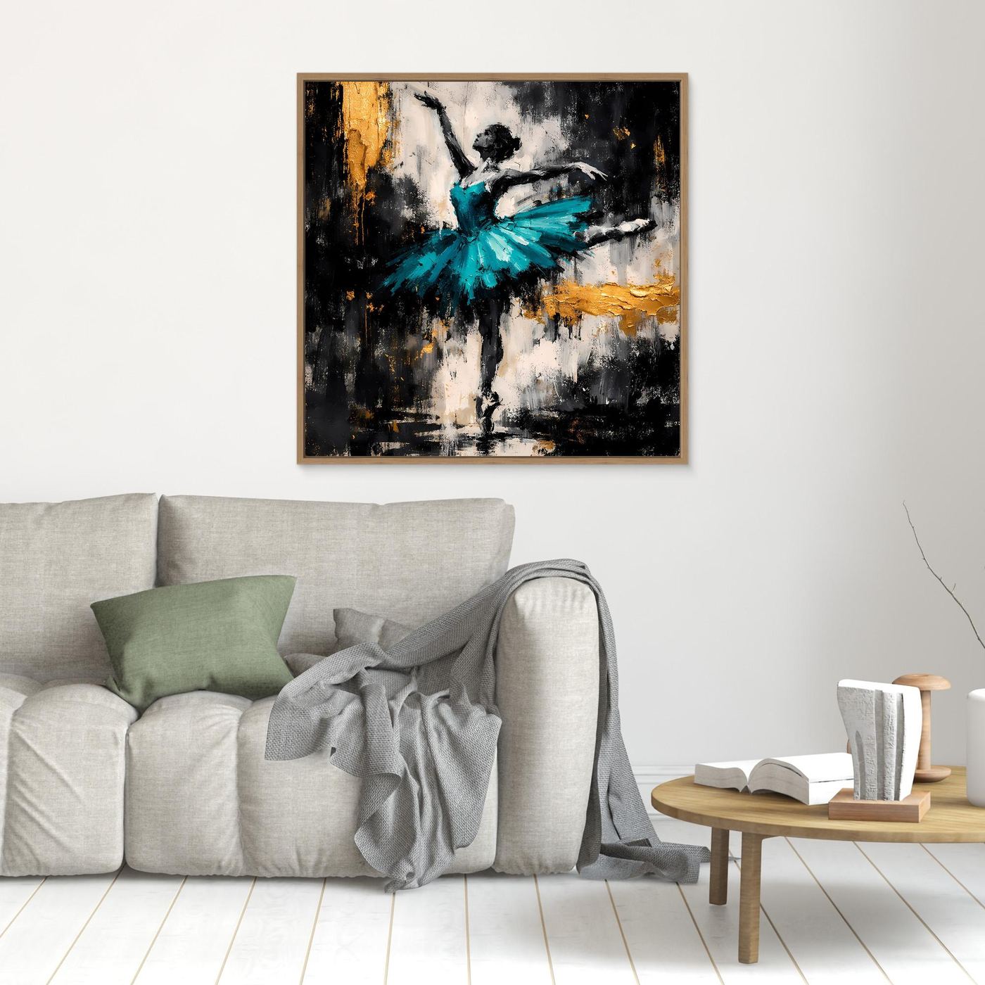 Leinwand Abstrakte Ballerina in Türkis und Gold | Modernes Ballett Wandbild mit Tanz-Motiv
