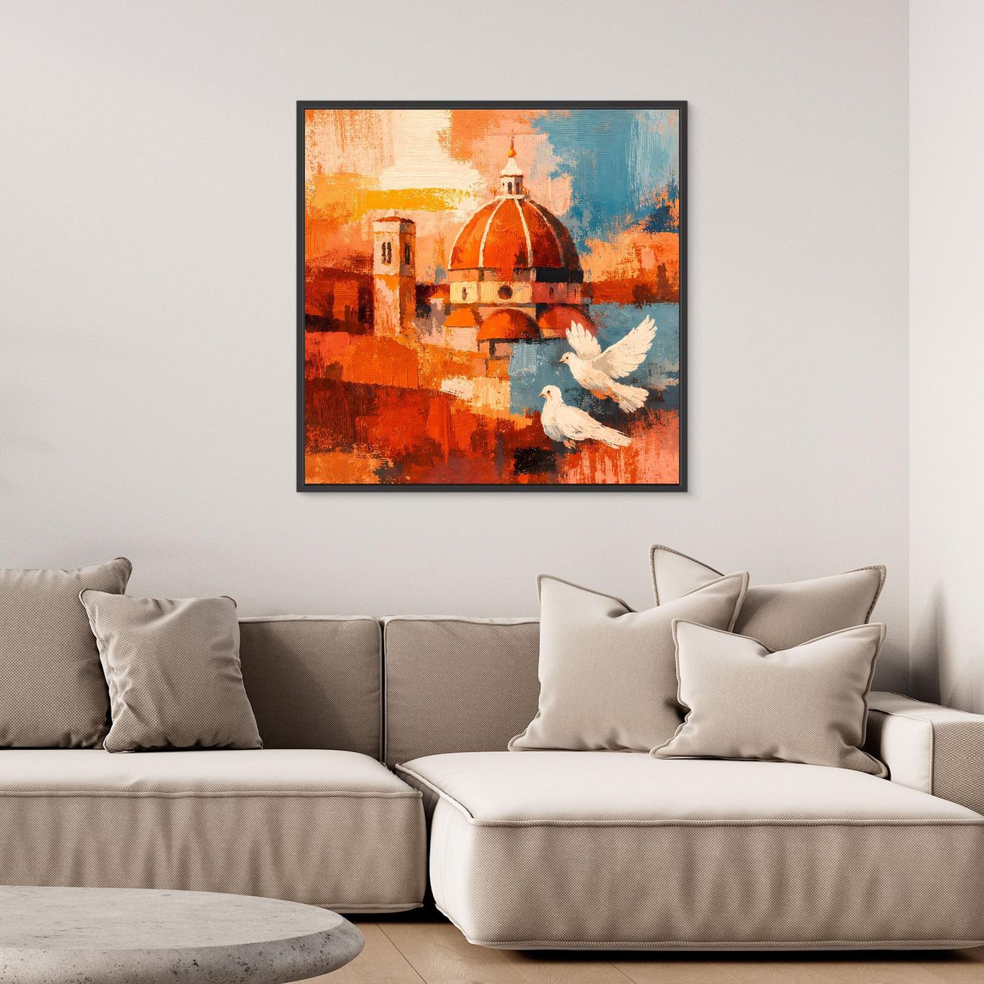 Abstraktes Wandbild auf Leinwand mit orange-roter Kuppel und fliegenden Tauben