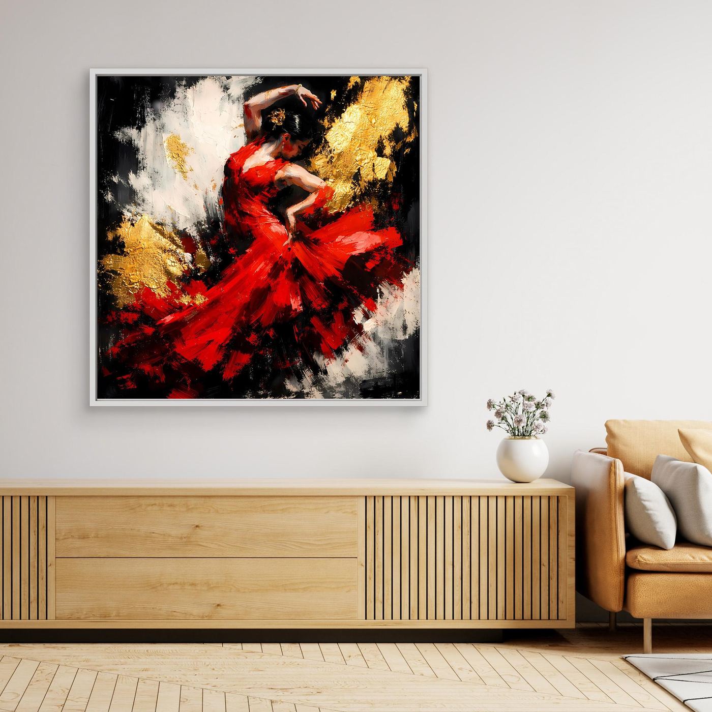 Leinwand Flamenco Tänzerin in Rot und Gold | Modernes Abstraktes Tanz Wandbild