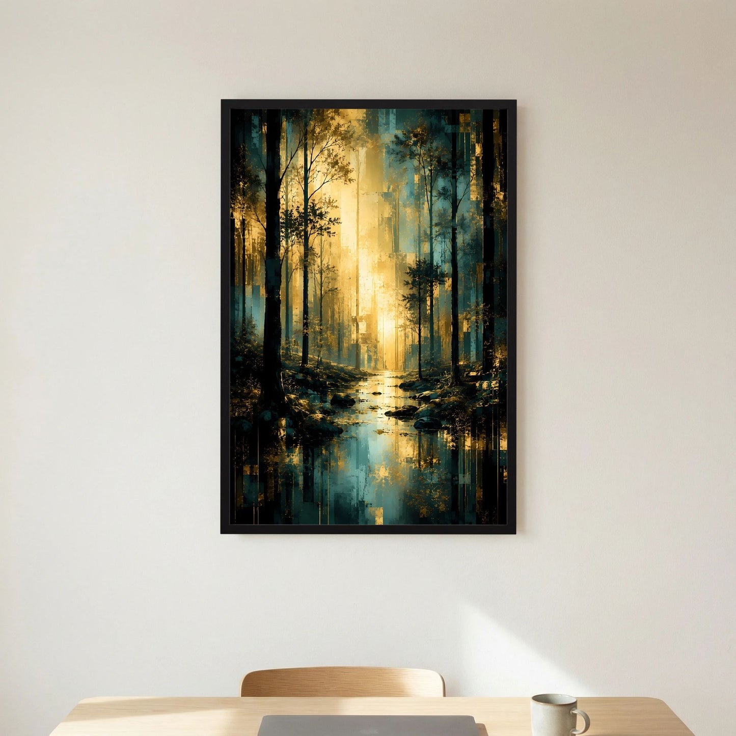 Poster Hochformat: Weg durch den Wald mit türkis-blauen Baumreihen, goldenem Licht, schwarzer Rahmen