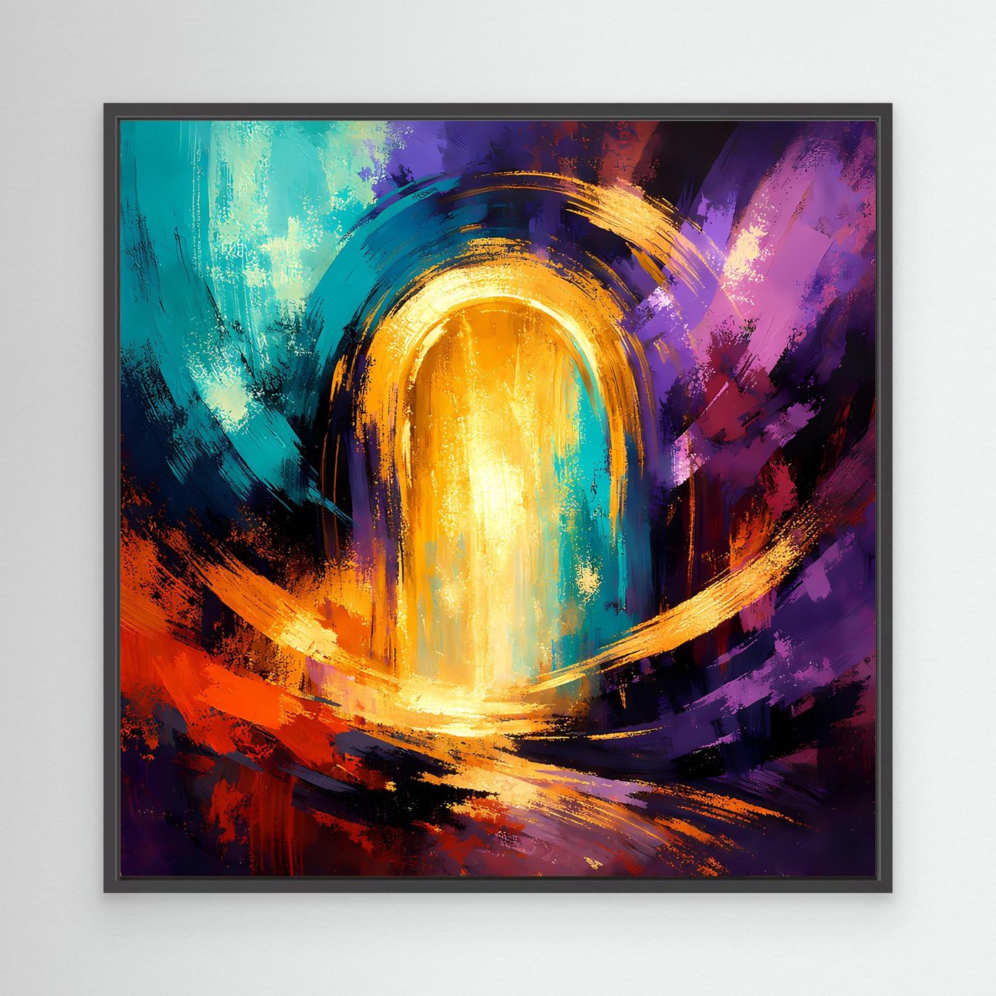Abstraktes Leinwand-Wandbild mit goldenem Lichttor im schwarzen Rahmen; Blau, Lila, Orange, Rot