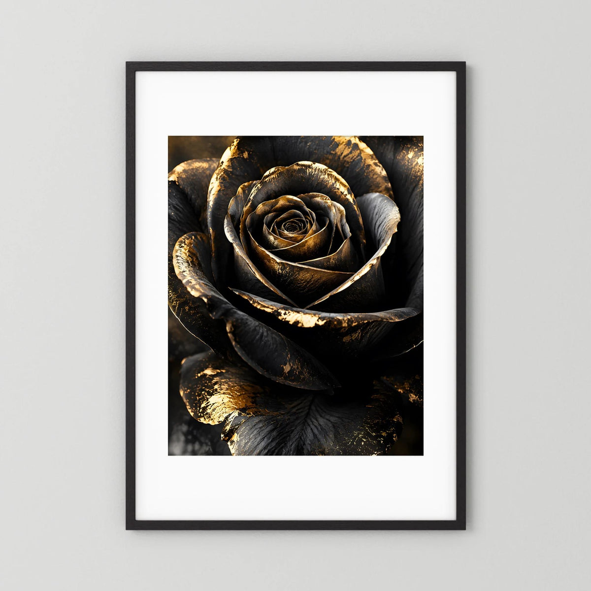 Poster mit schwarzer Rose und goldenen Akzenten im schwarzen Rahmen mit weißem Rand