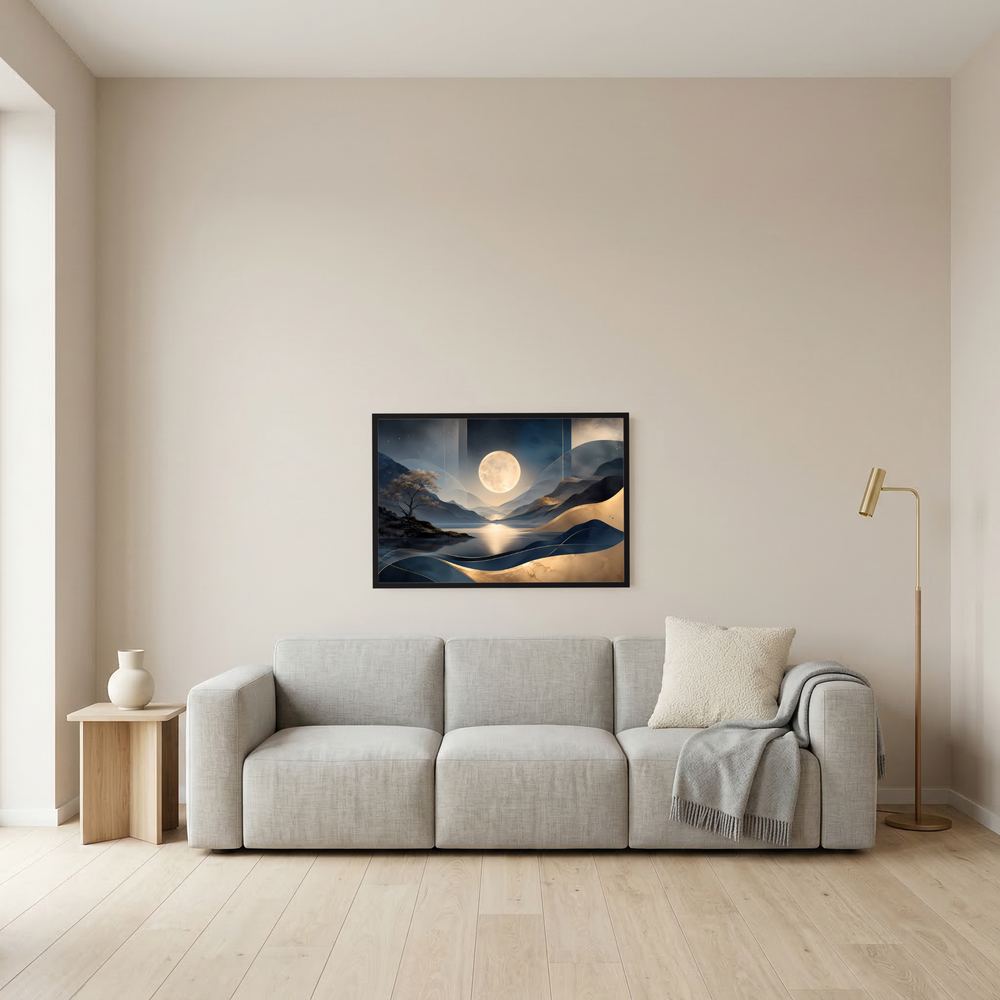 Kleines gerahmtes Querformat-Poster mit Mond über Berglandschaft in Blau und Gold