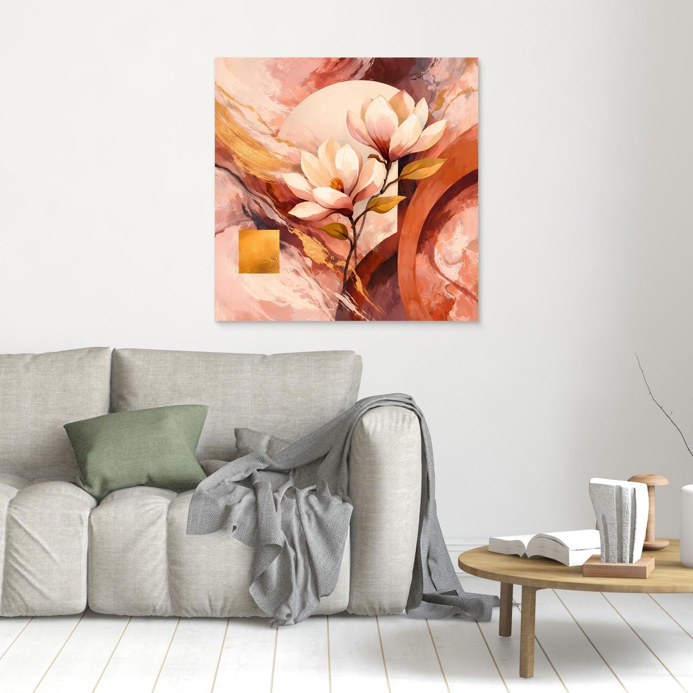 Kleines Leinwandbild: Magnolienblüten in Rosé, abstrakte Bögen, goldener Akzent