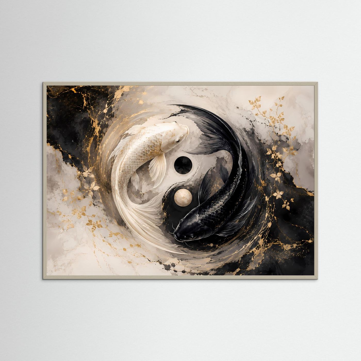 Leinwandbild mit Yin-Yang-Koi: schwarze und weiße Fische, goldene Sprenkel, grauer Rahmen