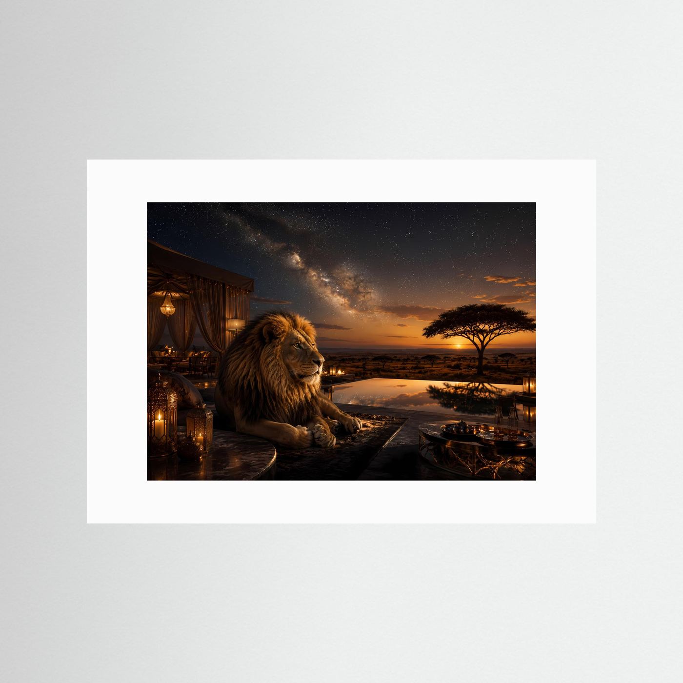 Majestätischer Löwe unter Sternenhimmel | Luxus Safari & Afrika Poster Querformat