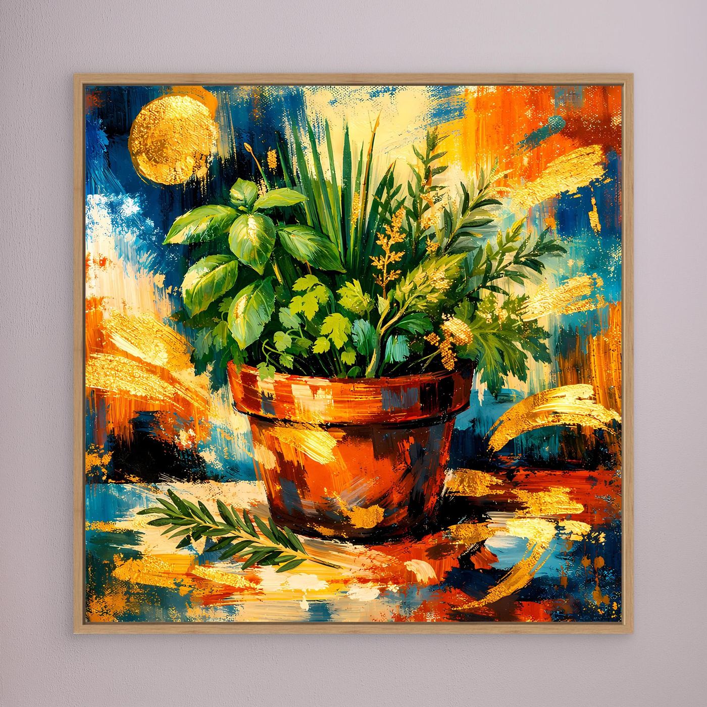Leinwandbild mit Kräutertopf im Kunststil, bunte Pinselstriche, brauner Holzrahmen