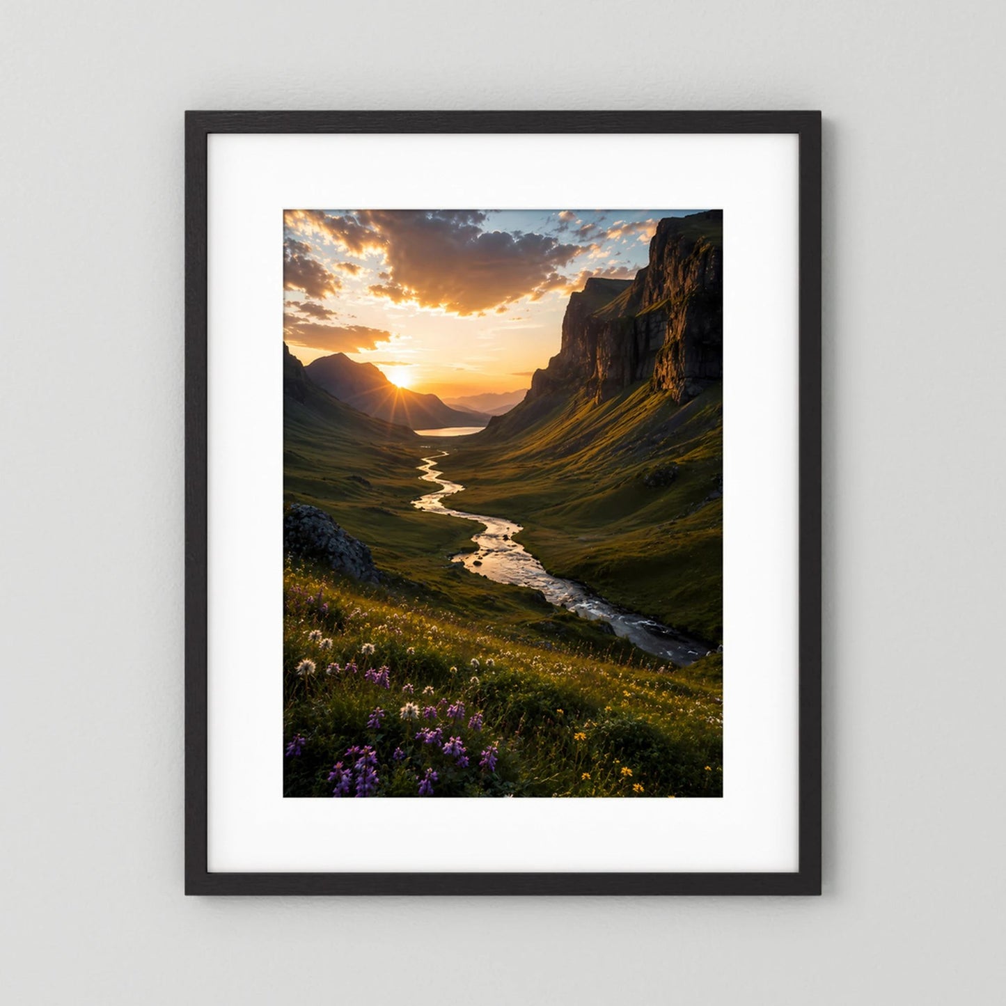 Hochformat-Poster mit schwarzem Rahmen und weißem Passepartout, Fluss zwischen Felsen bei Sonnenuntergang
