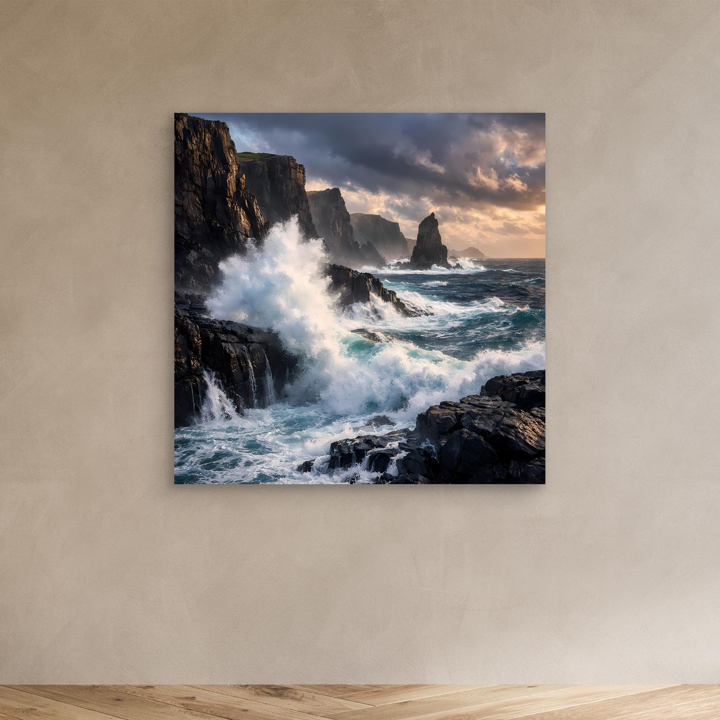 Leinwandbild Steilküste mit tosenden Wellen und Felsen, ohne sichtbaren Rahmen