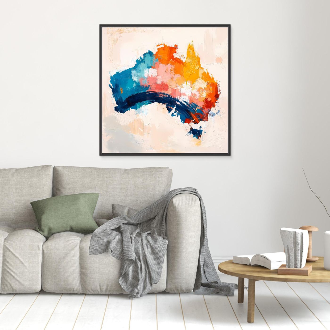 Abstract Australia map wall art in black frame, blue orange yellow paint strokes and dark arc