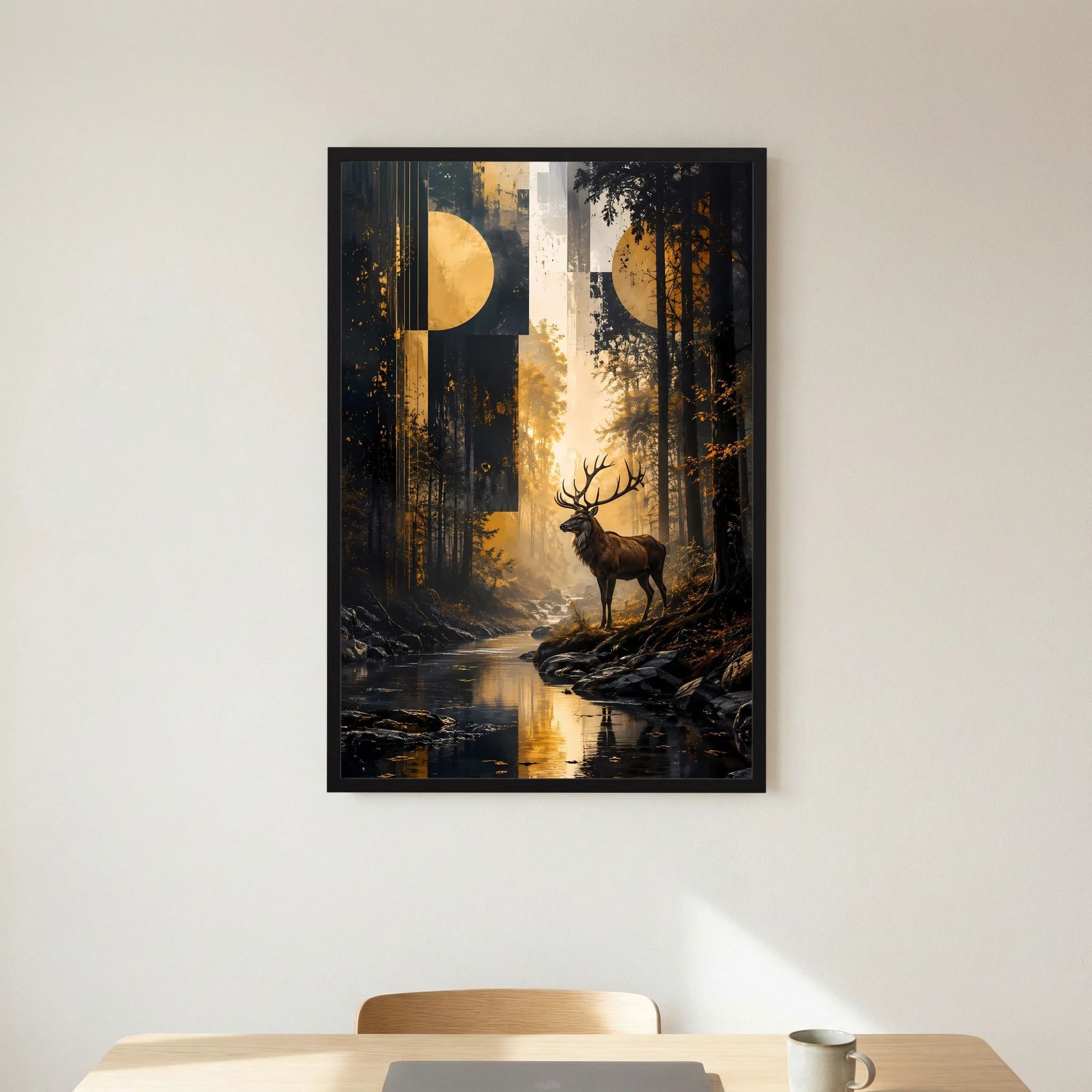 Hirsch-im-Wald-Poster hochkant mit schwarzem Rahmen an heller Wand