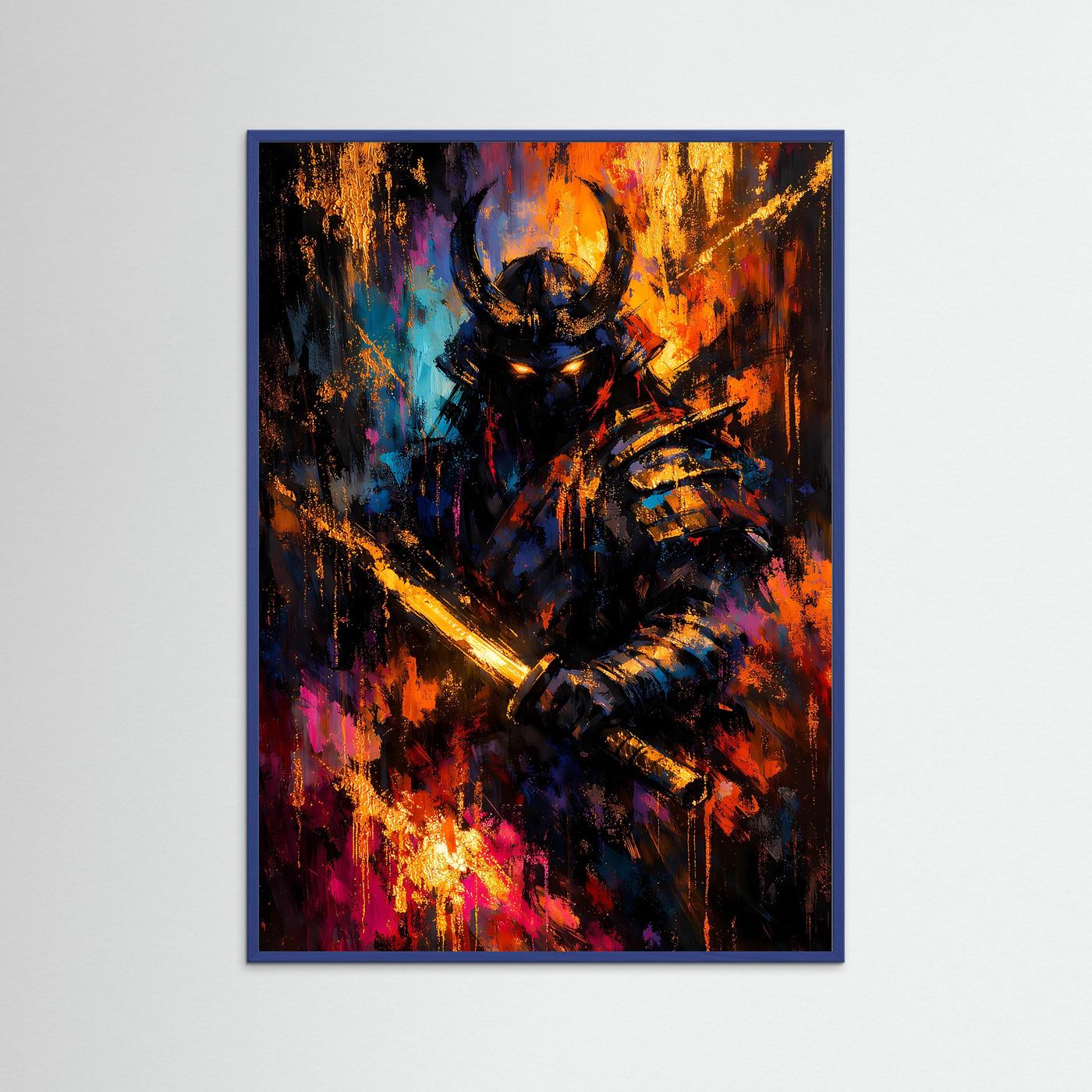 Samurai-Kunstposter im Hochformat mit glühendem Schwert und abstrakten Farbspritzern, blauer Rahmen