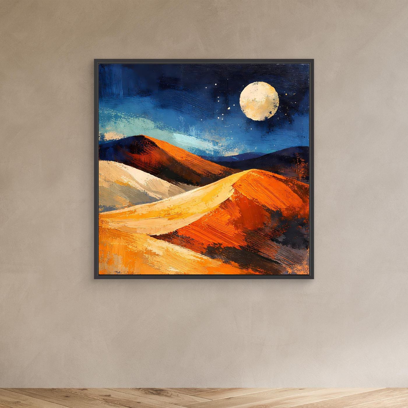 Abstract desert wall art with moonlit dunes at night, in a dark frame