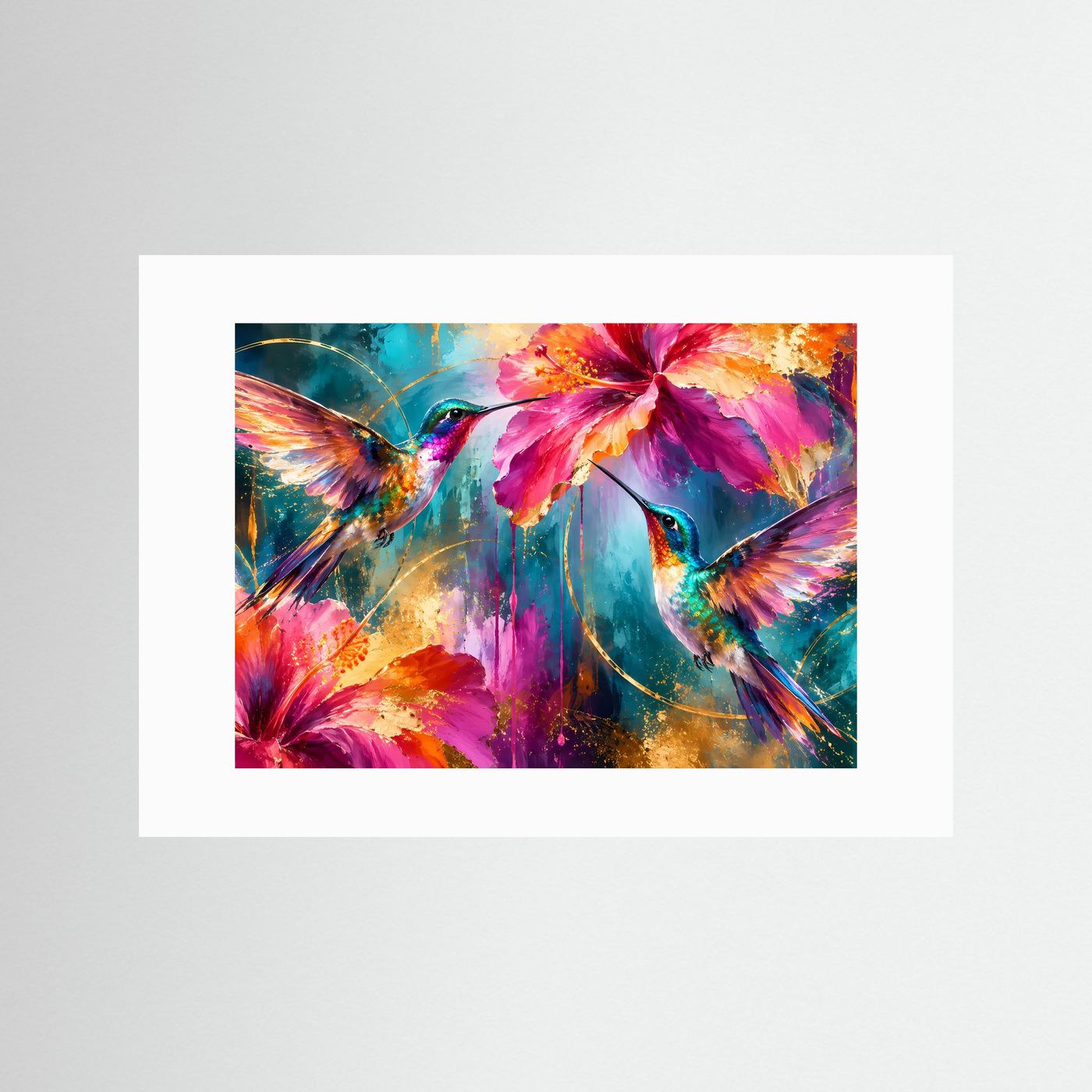 Kolibris & Hibiskusblüten in Pink & Türkis | Modernes Blumen-Poster mit Goldakzenten