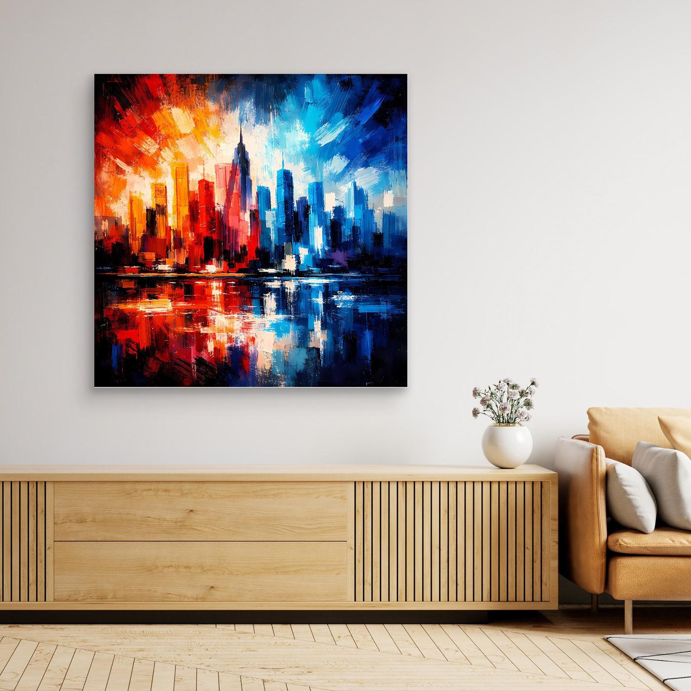 Leinwandbild mit abstrakter Skyline und Spiegelung in Rot-Orange und Blau, dunkler Rahmen