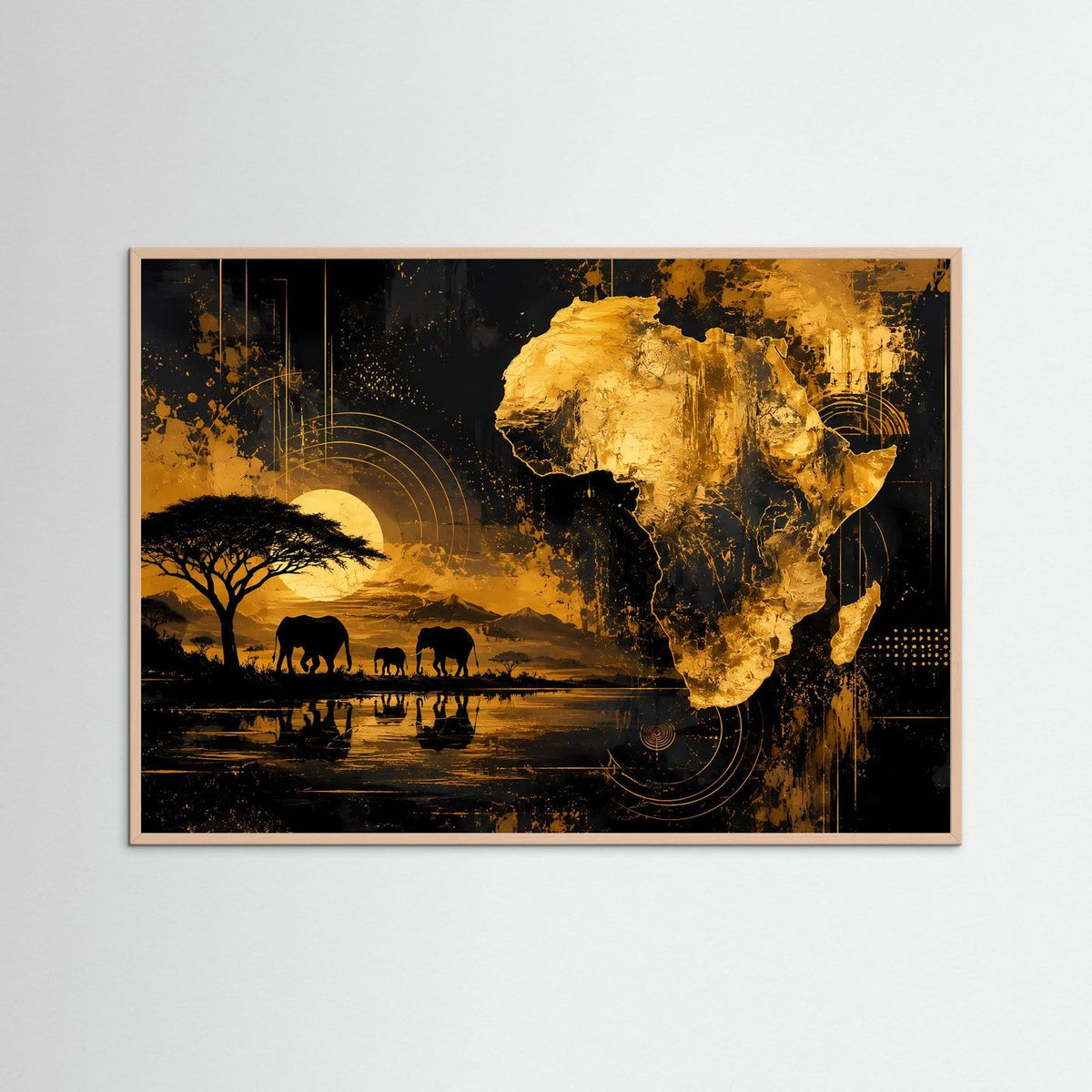 Rosa gerahmtes Poster im Querformat mit goldener Afrikakarte, Elefanten und Savanne