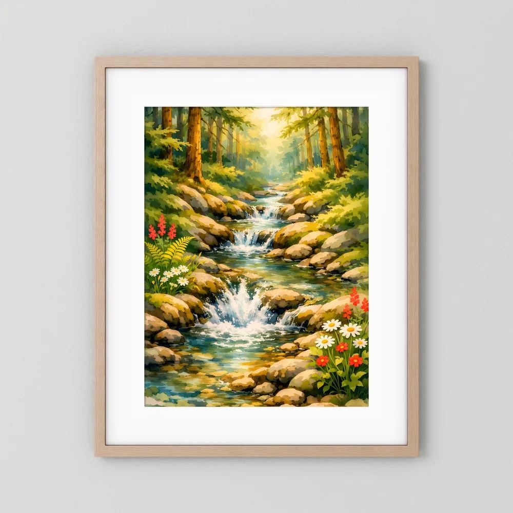 Wasserfall-Wandposter mit Bach im Wald, Felsen und Blumen, hellbrauner Holzrahmen