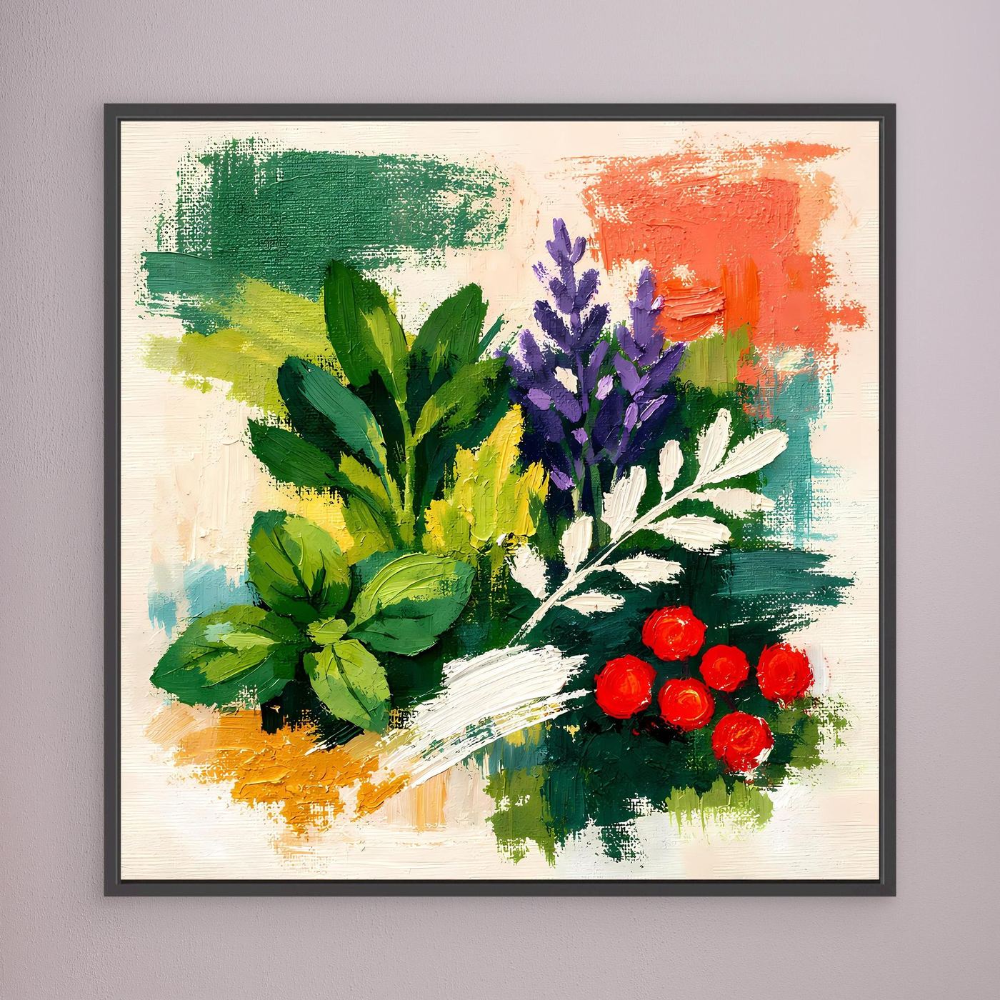 Abstract herb botanical canvas wall art with green, purple, and red foliage, dark frame