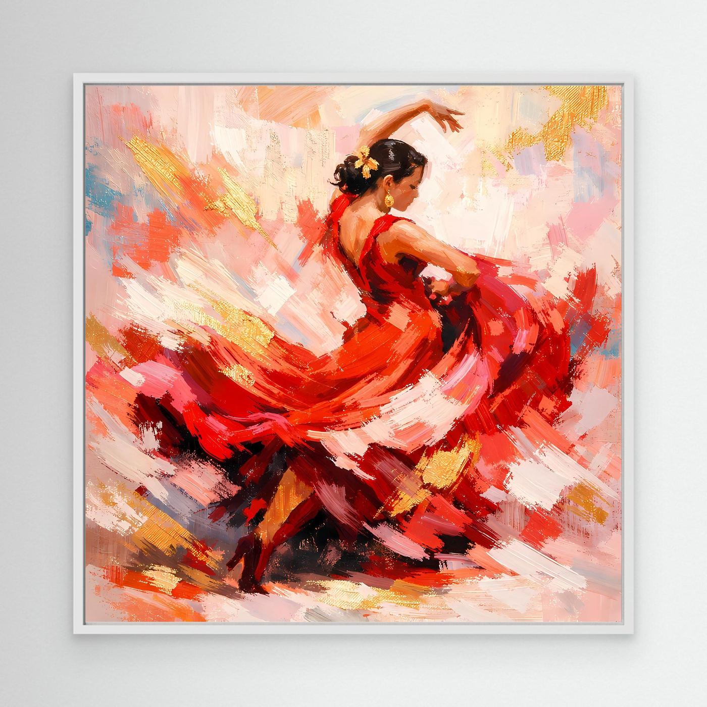 Leinwandbild mit abstrakter Flamenco-Tänzerin im roten Kleid, im weißen Rahmen