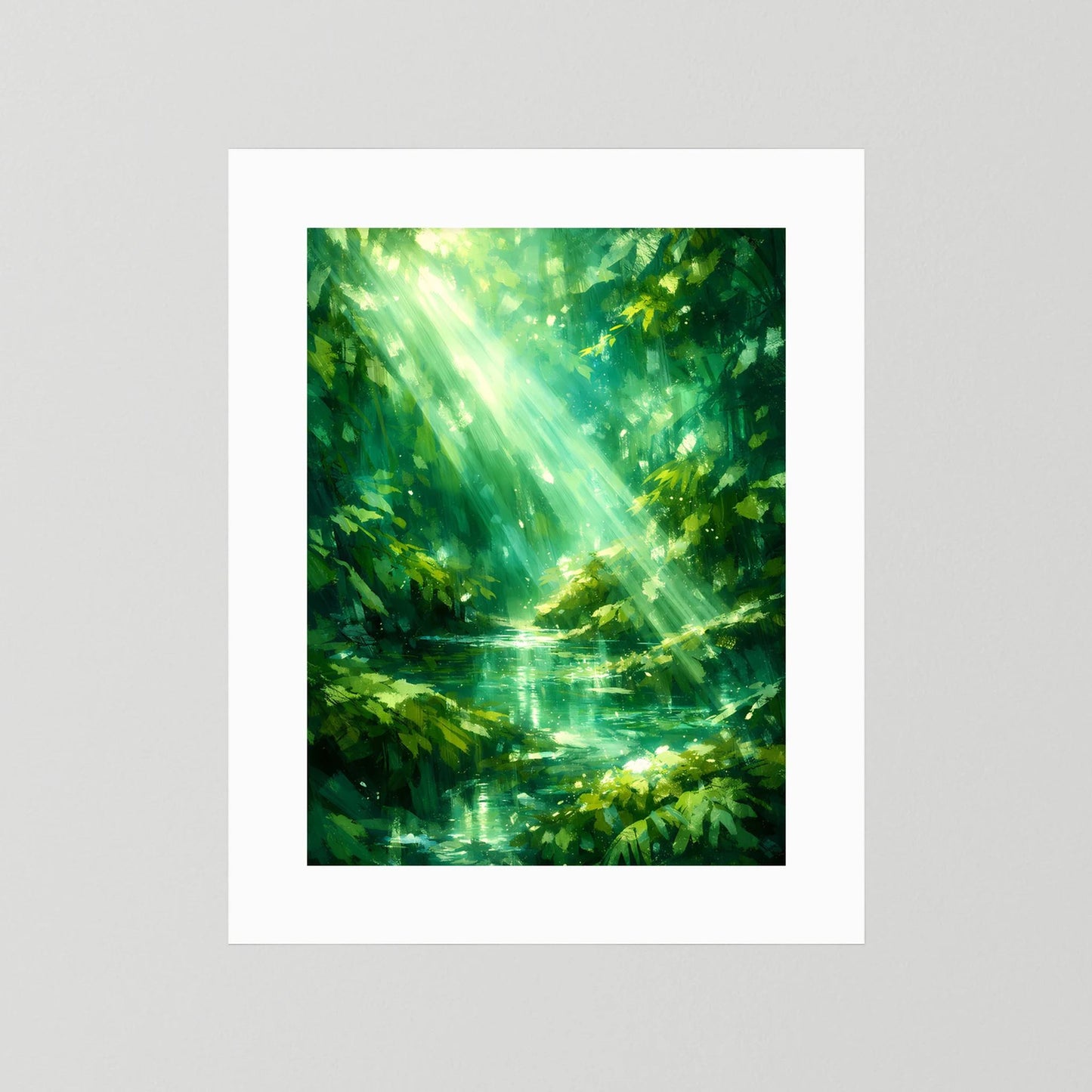 Poster mit weißem Passepartout und grüner Waldsee-Szene mit Sonnenstrahlen