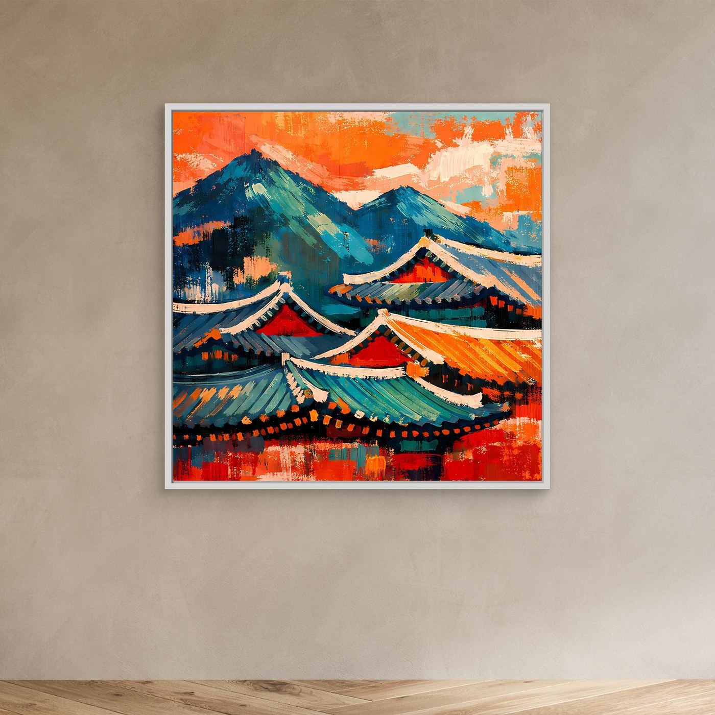Abstraktes Leinwand-Wandbild mit asiatischen Dachlinien und Bergen, weißer Rahmen