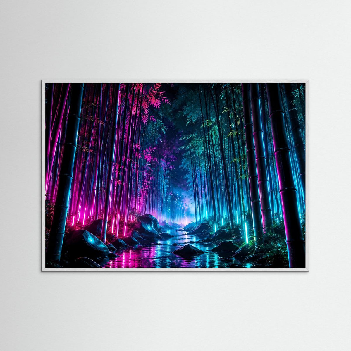 Neon-Bambuswald-Wandkunst im braunen Holzrahmen, fluoreszierende Farben im Nachtwald