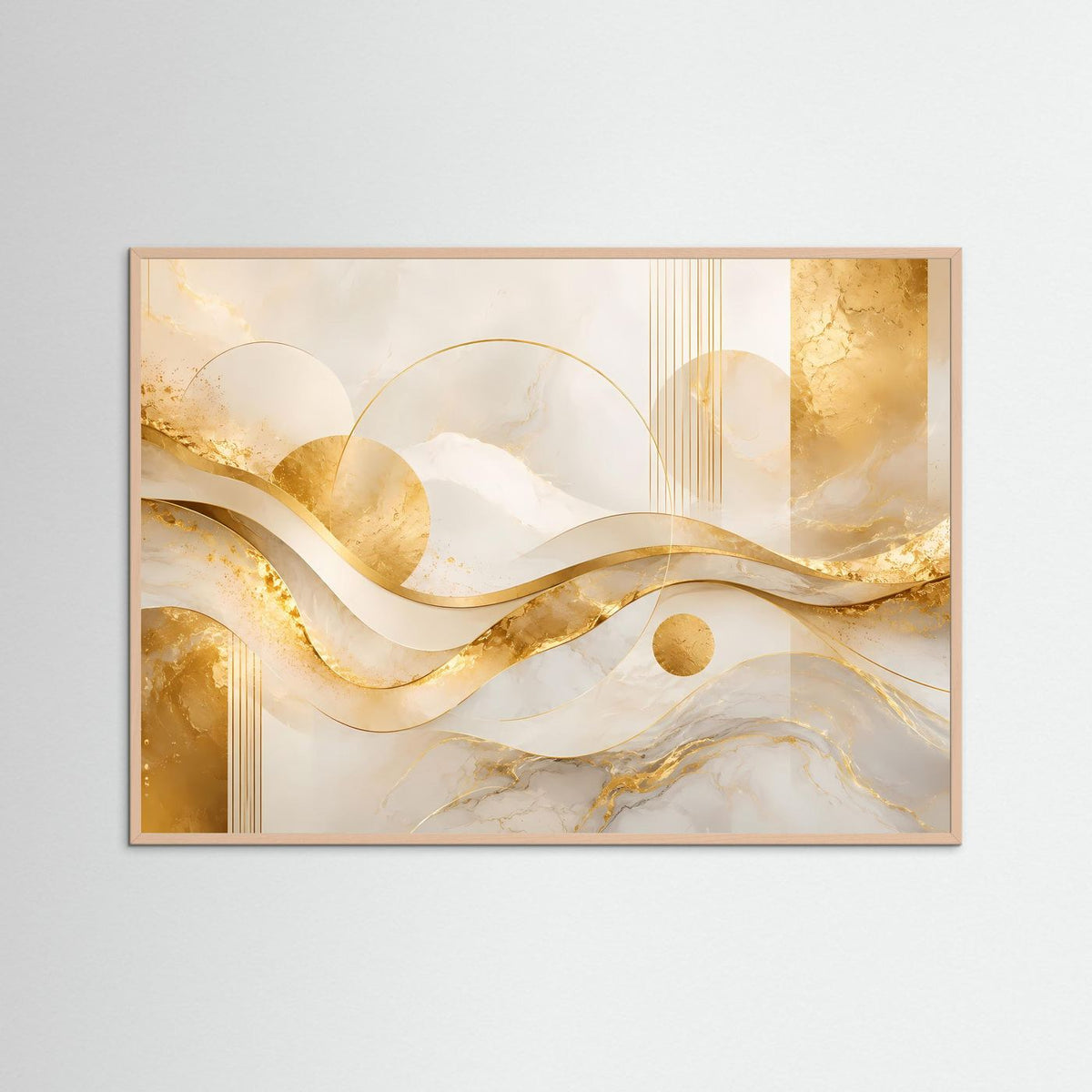 Abstraktes Querformat-Poster im rosafarbenen Holzrahmen, Wellen in Creme, Weiß und Gold