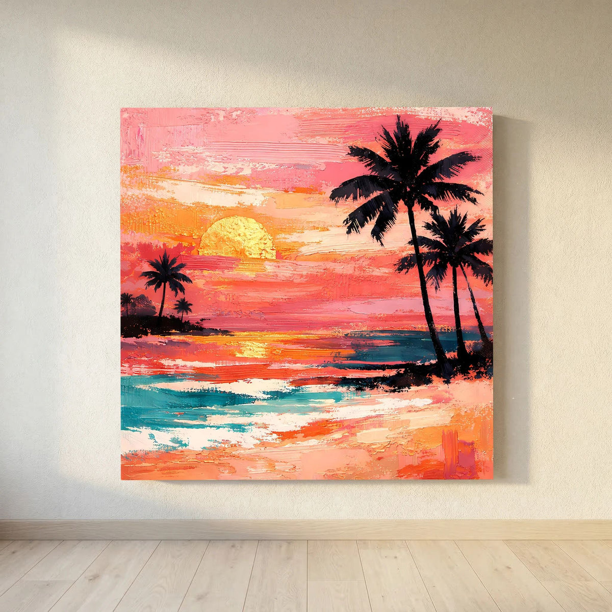 Leinwand-Wandbild mit Palmen, Strandlandschaft im Stil von Pinselstrichen und Sonnenuntergang.