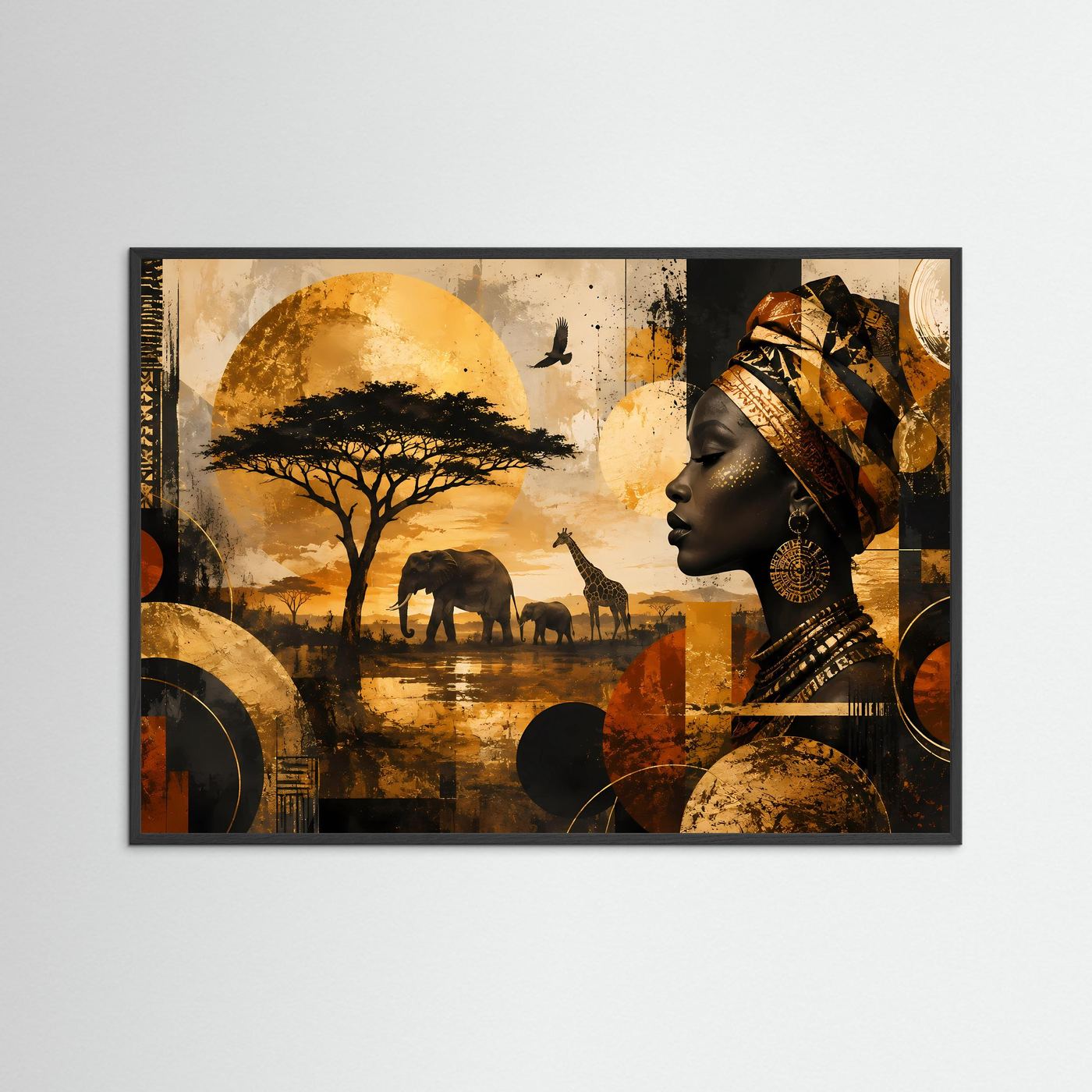 Gerahmtes Poster im Querformat mit schwarzer Holzrahmung: Afrikanerin im Profil, Elefanten und Giraffen.