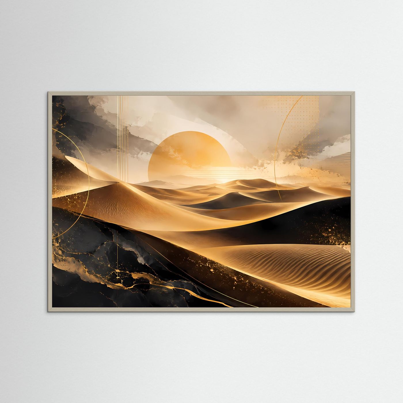 Gerahmtes Poster mit Wüsten-Dünen, goldener Sonne und feinen Linien.