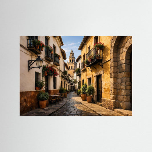 Poster im Querformat: mediterrane Altstadtgasse mit Kirchturm und Pflanzkübeln.