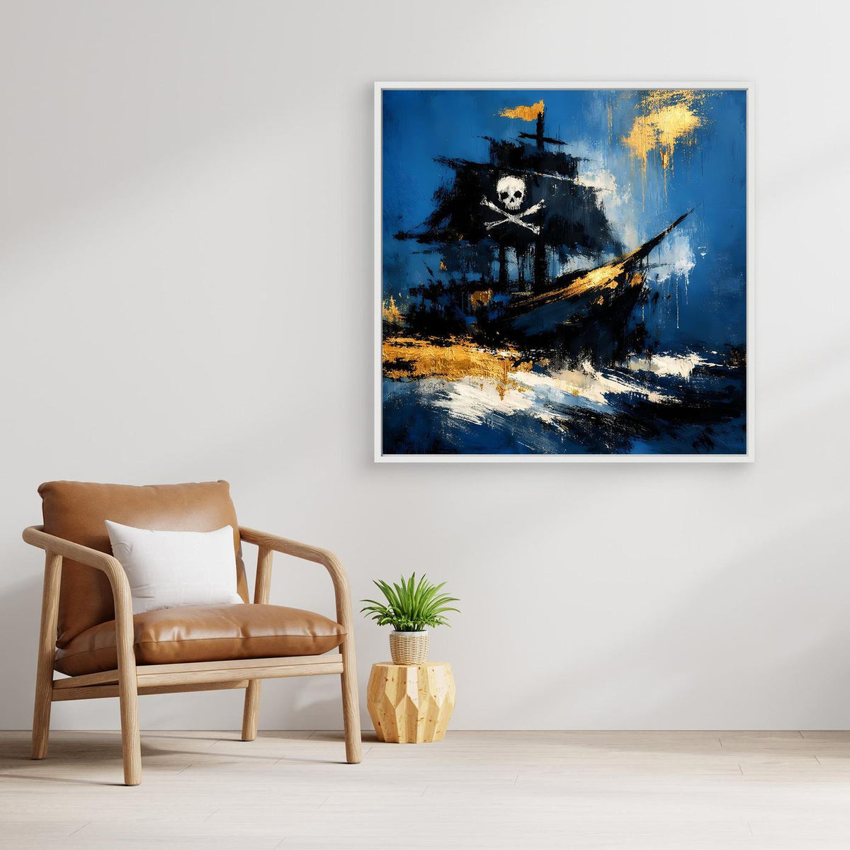 Gerahmtes Piratenschiff-Wandbild mit Totenkopf, Segelboot und dunklen Wolkenflächen