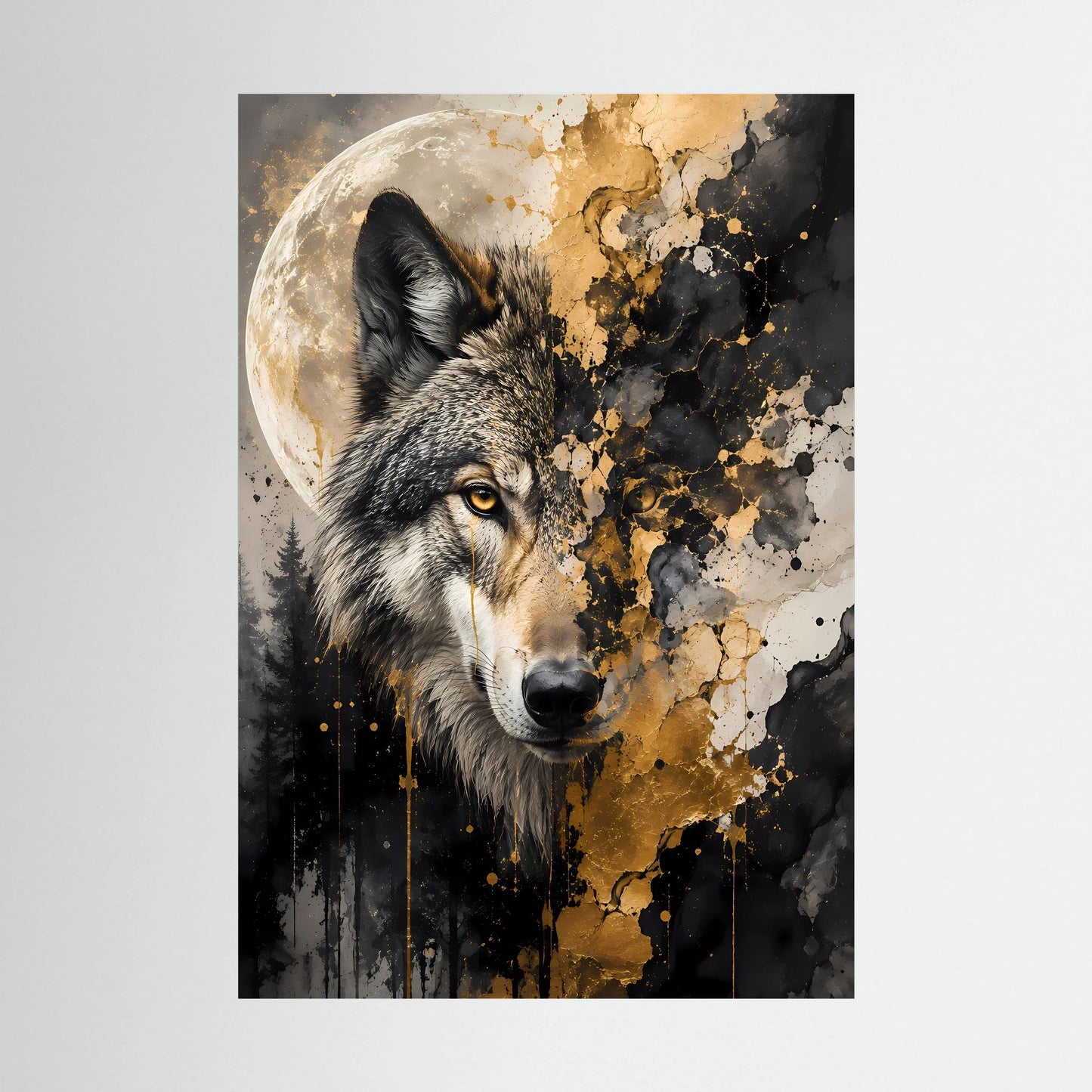 Poster im Hochformat mit Wolfskopf, Mond und schwarz-goldenem Spritzdesign.