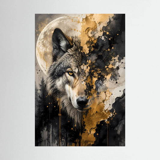 Poster im Hochformat mit Wolfskopf, Mond und schwarz-goldenem Spritzdesign.