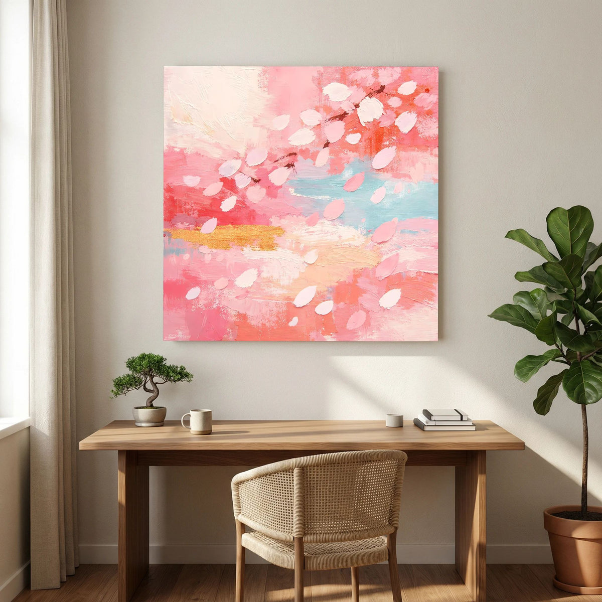 Quadratisches Leinwandbild: Kirschblütenabstrakt mit Pastellrosa, Weißtönen und bläulichen Flächen