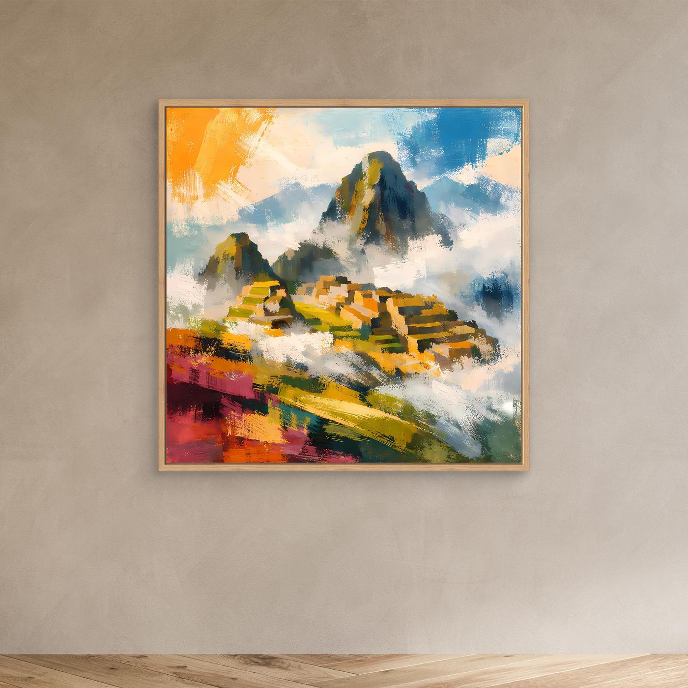 Quadratisches Leinwand-Wandbild mit Inka-Ruinen und Bergmassiv, bunt, im Eichenrahmen.
