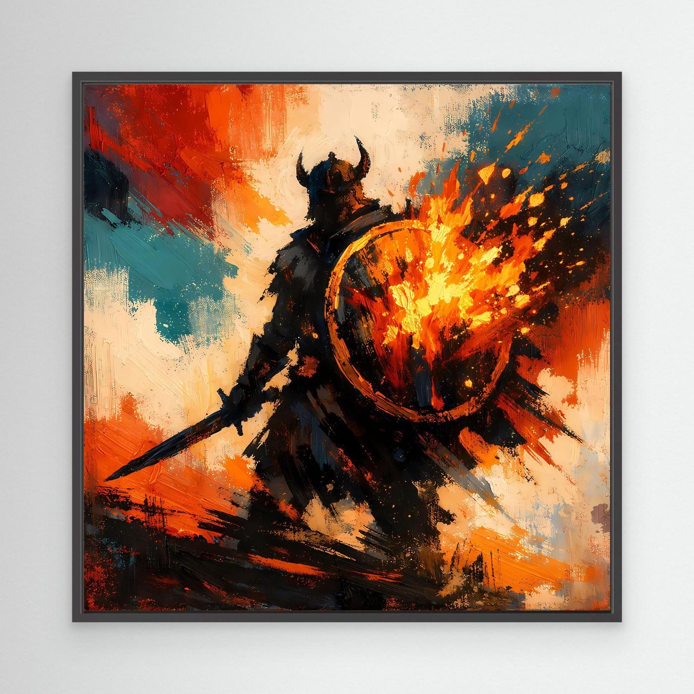 Wikinger-Wandbild mit brennendem Schild: abstrakter Krieger in Rot/Orange/Blau, schwarzer Rahmen