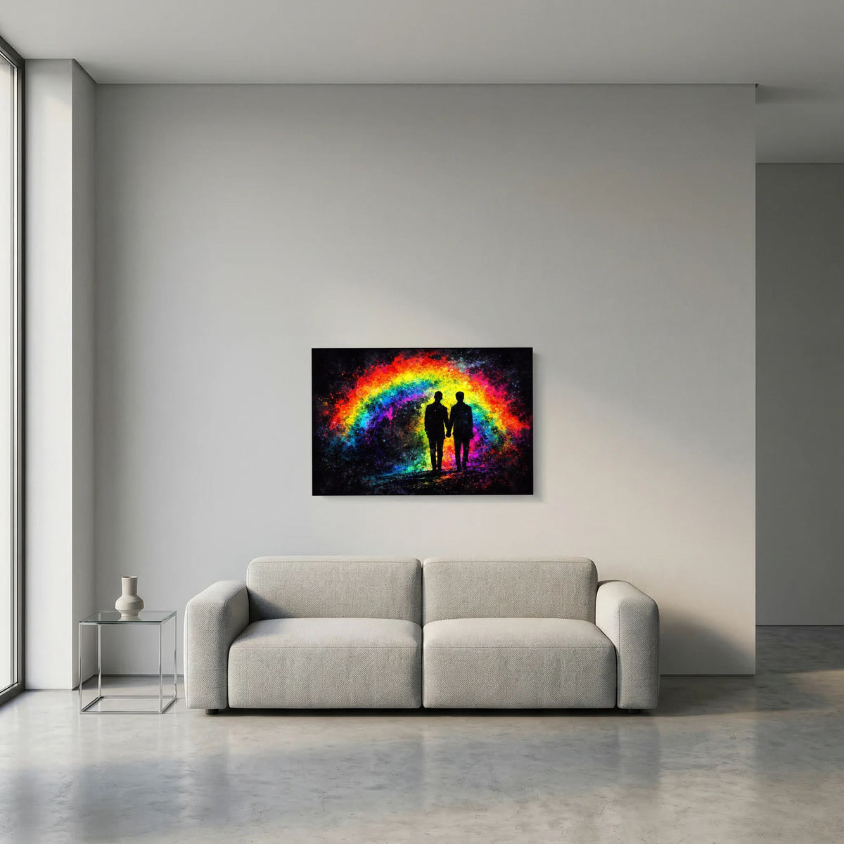 Kleines gerahmtes Wandbild mit Silhouettenpaar im Regenbogenlicht, abstraktes Spritzmotiv