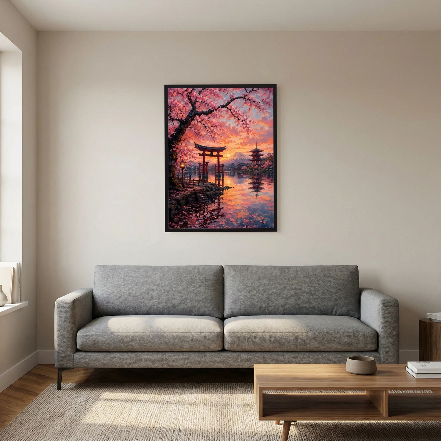 Schwarz gerahmtes hochformatiges Poster mit Torii, Kirschblüten und Fuji bei Sonnenuntergang